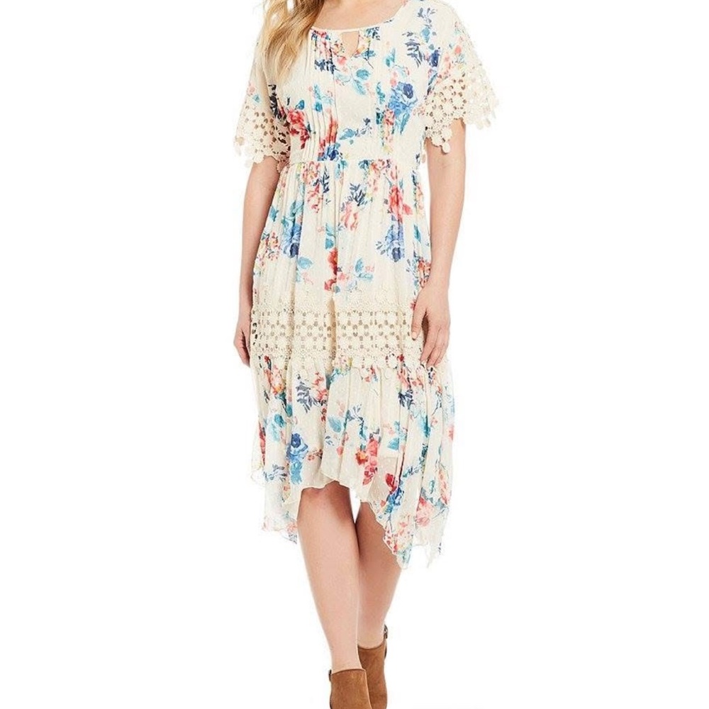 Reba Cream Floral Midi Dress Swiss Dot Lace Short Sleeve Large Boho Cottagecore